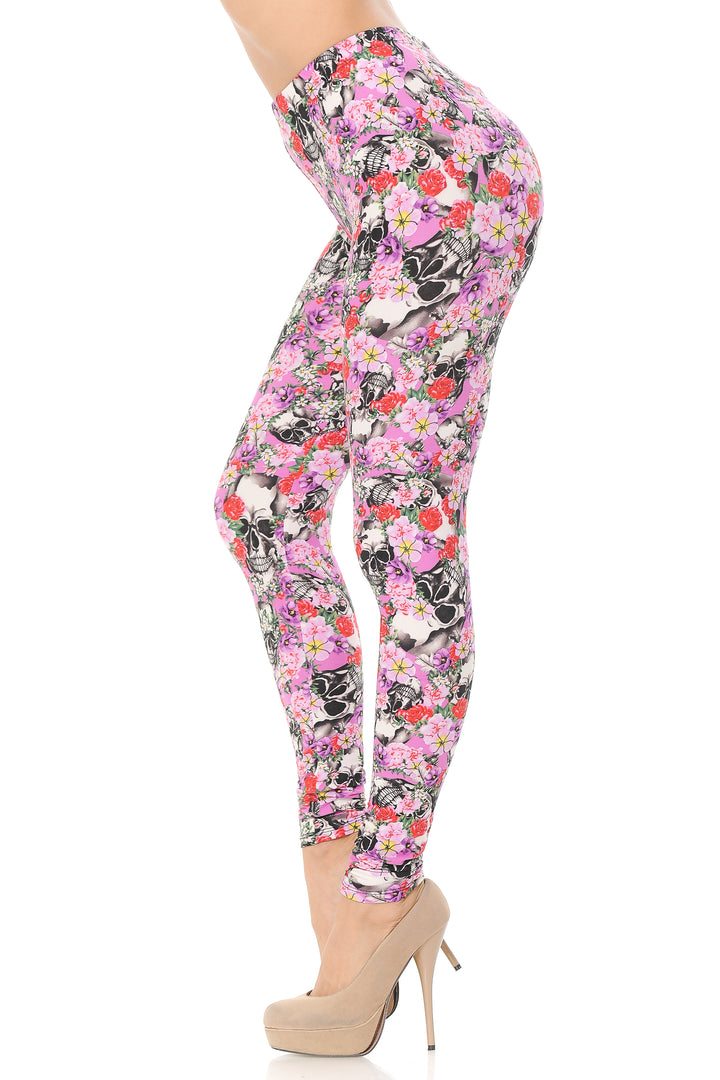 Buttery Smooth Pink Blossom Skulls Leggings