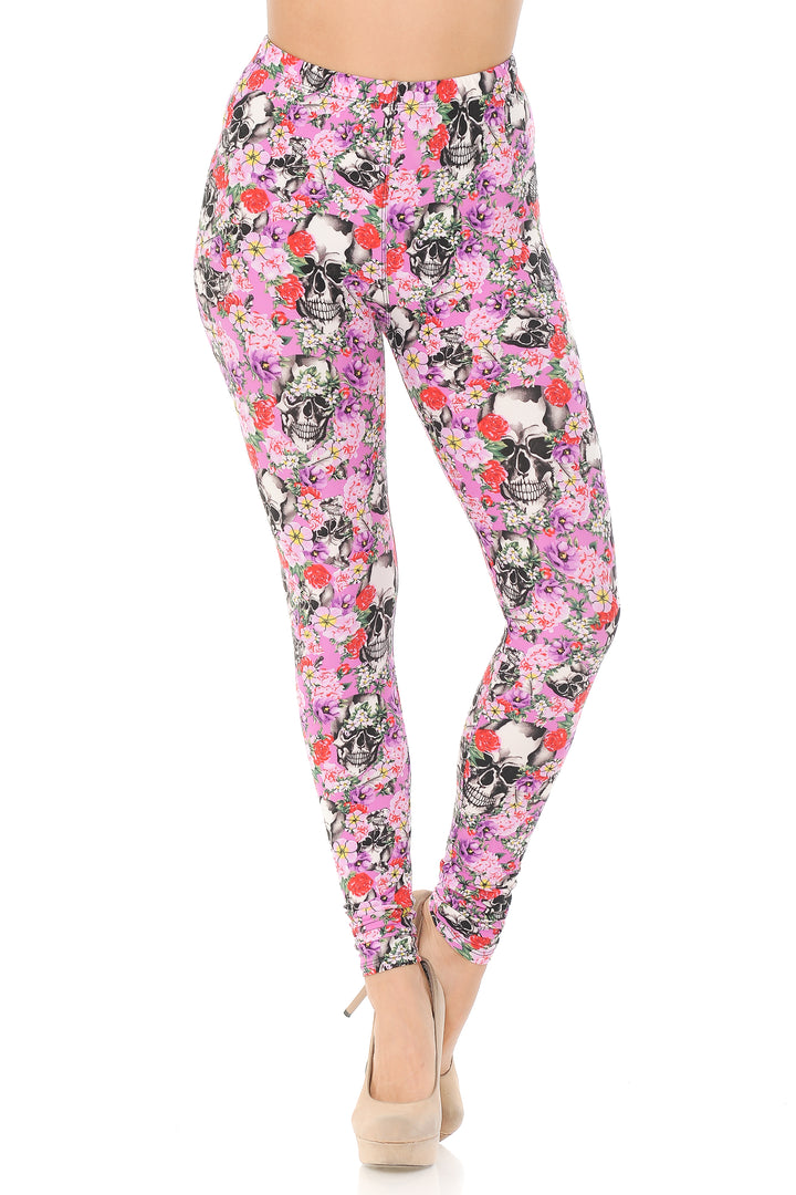 Buttery Smooth Pink Blossom Skulls Leggings