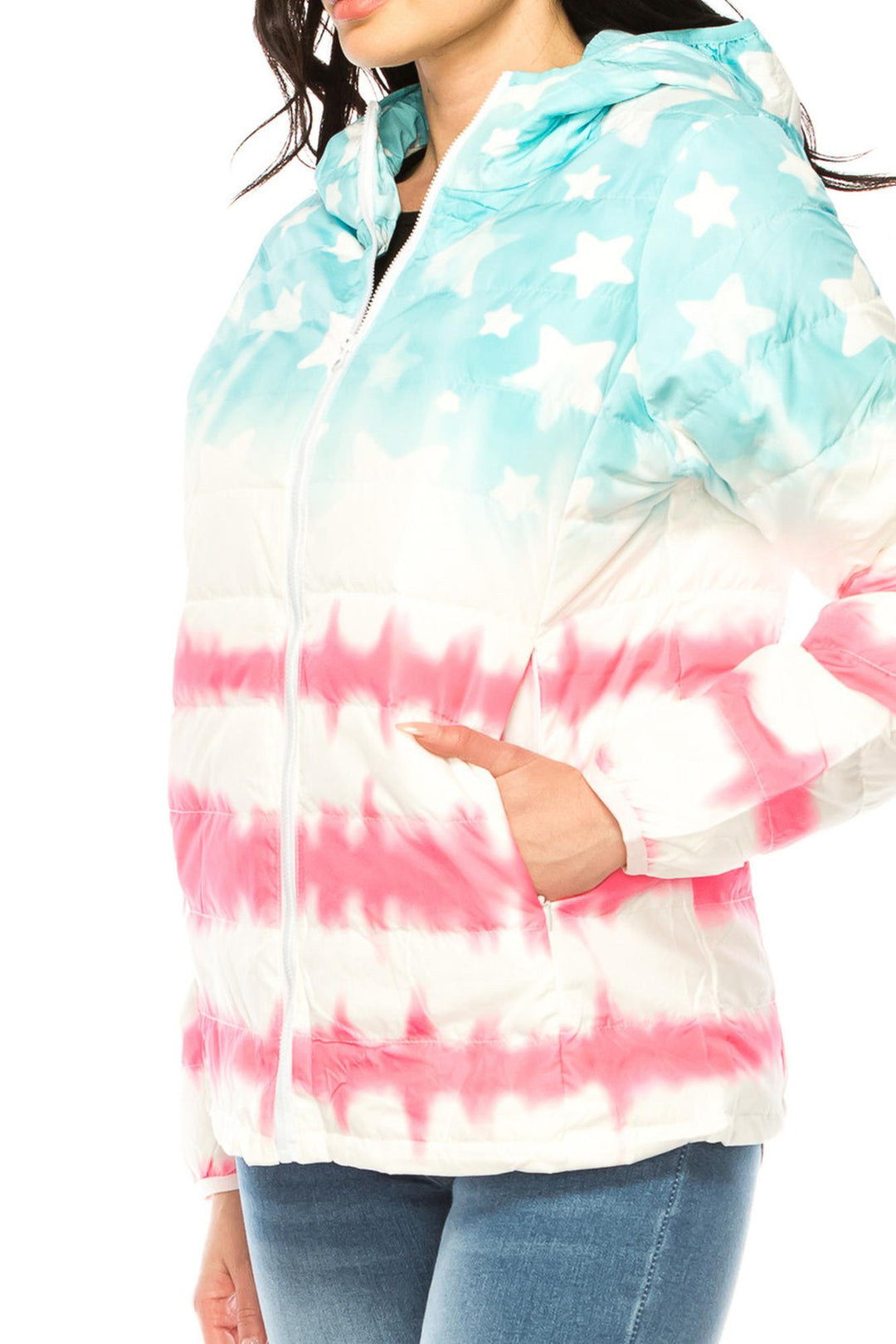 Women's Pink & Blue Star Daub Winter Puffer Down Jacket