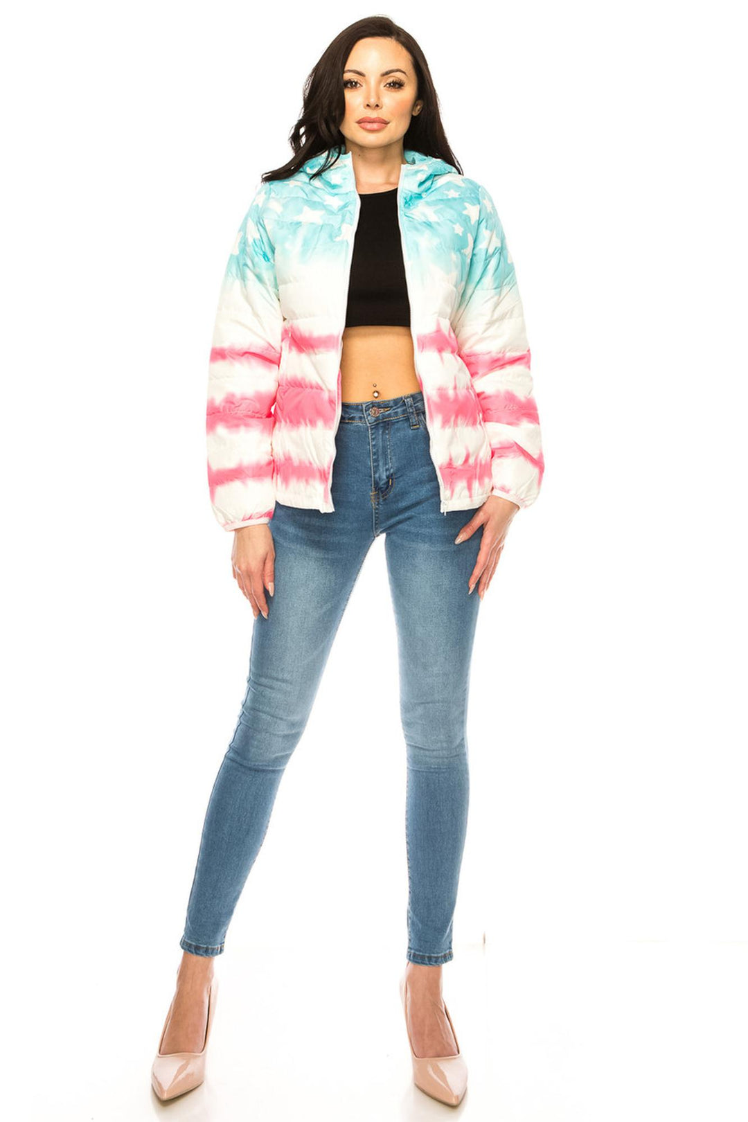 Women's Pink & Blue Star Daub Winter Puffer Down Jacket