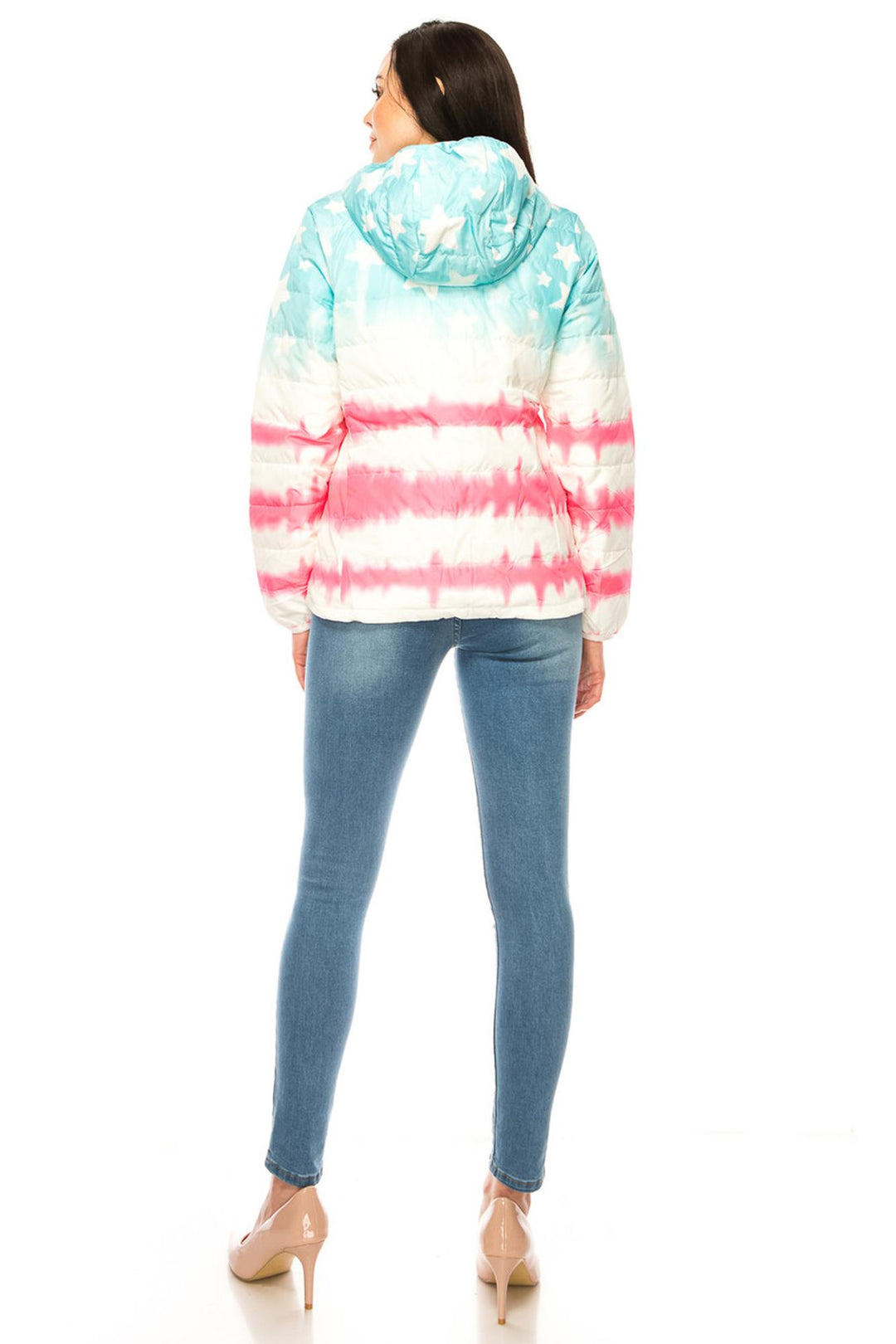 Women's Pink & Blue Star Daub Winter Puffer Down Jacket