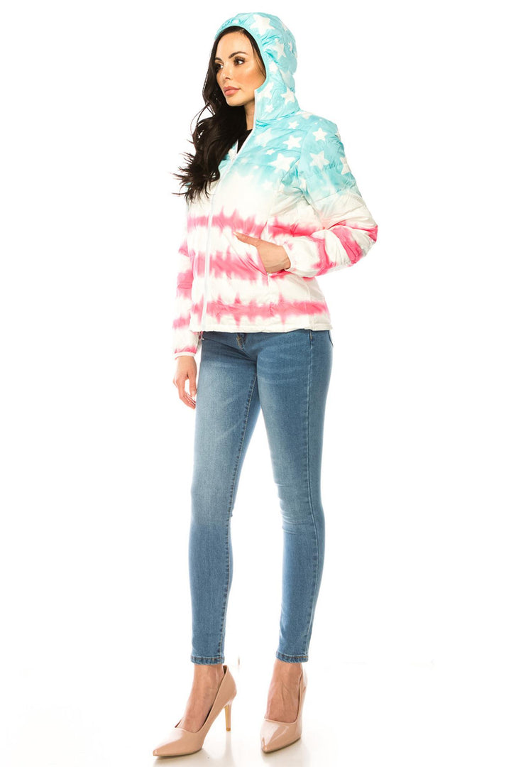 Women's Pink & Blue Star Daub Winter Puffer Down Jacket