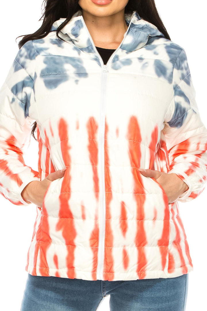 Women's Red White & Blue Daub Winter Puffer Down Jacket
