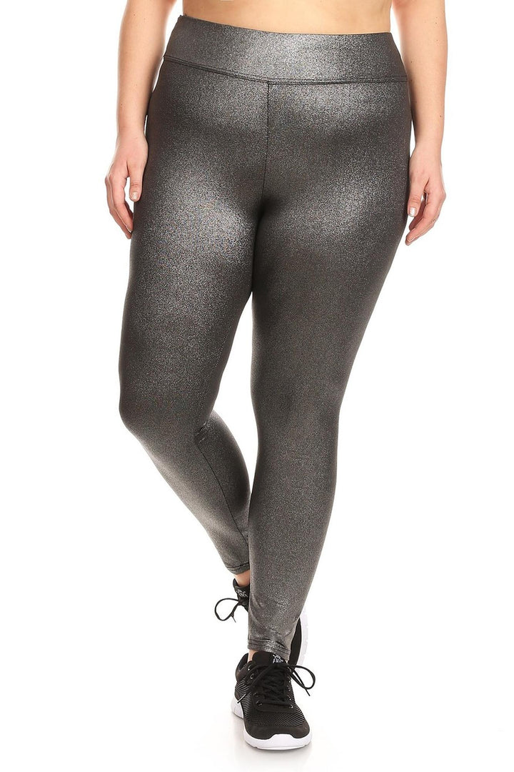 High Waisted Metallic Silver Plus Size Sport Leggings