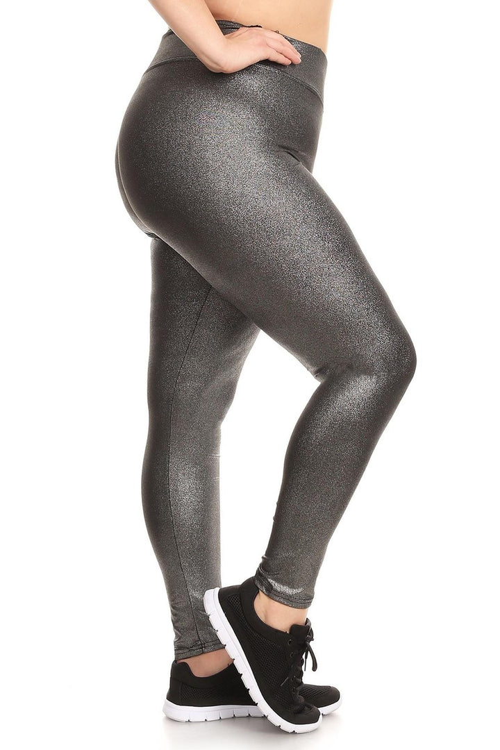 High Waisted Metallic Silver Plus Size Sport Leggings