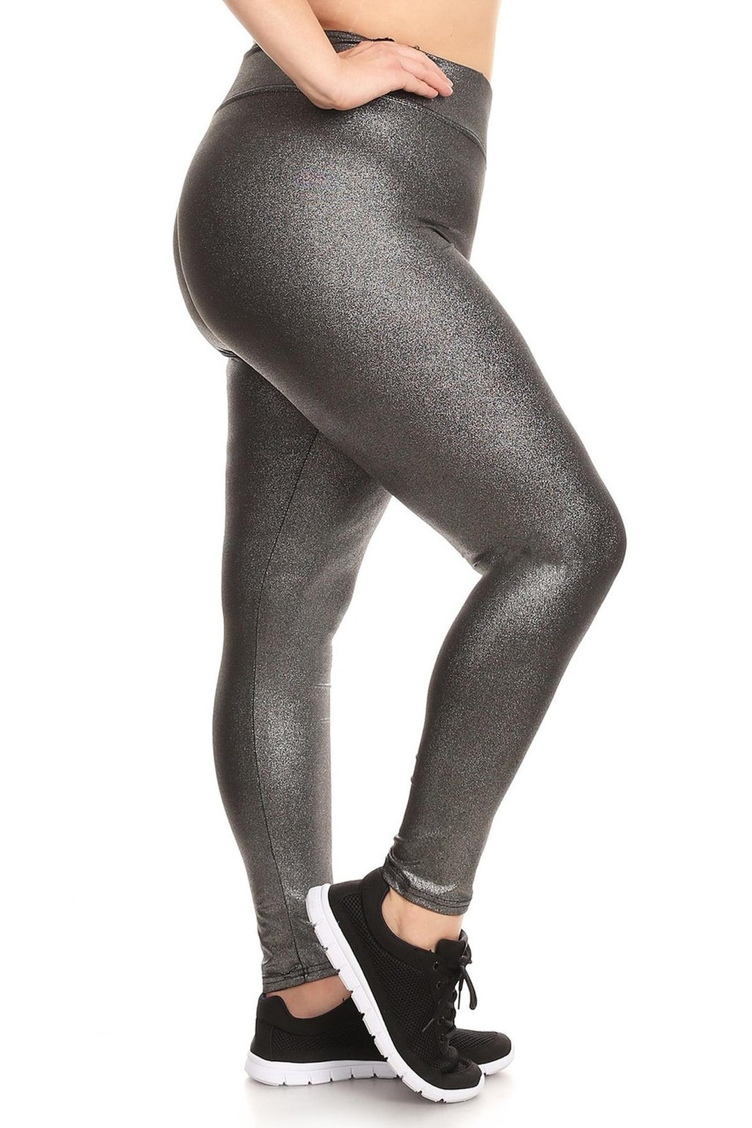 High Waisted Metallic Silver Plus Size Sport Leggings