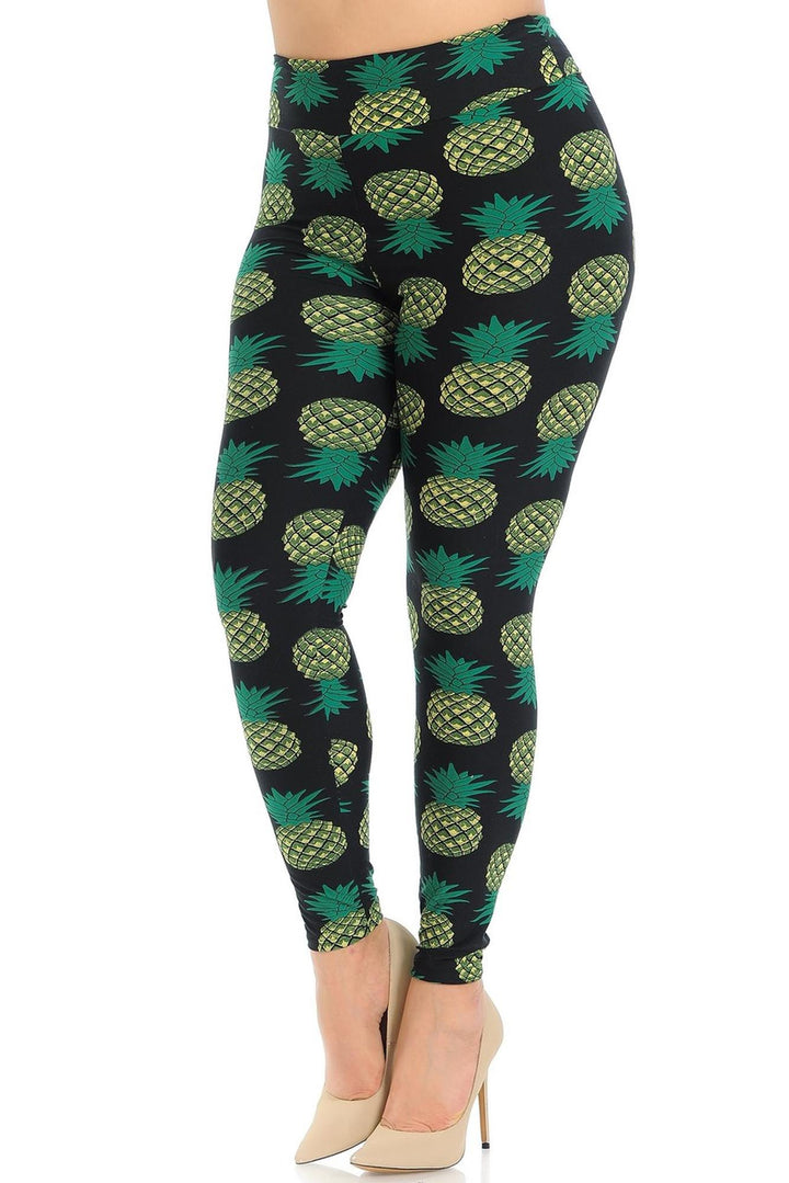 Buttery Smooth Green Pineapple High Waisted Plus Size Leggings - EEVEE