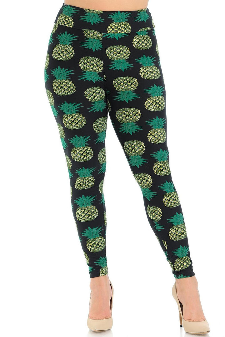 Buttery Smooth Green Pineapple High Waisted Plus Size Leggings - EEVEE