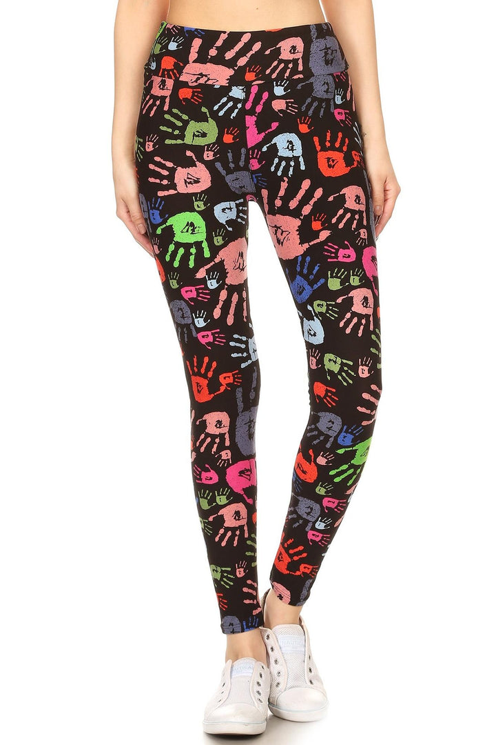 Buttery Smooth Colorful Hand Print High Waist Plus Size Leggings
