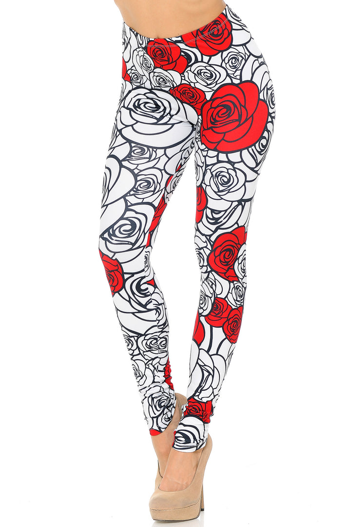 Creamy Soft Red Stencil Roses Leggings - USA Fashion