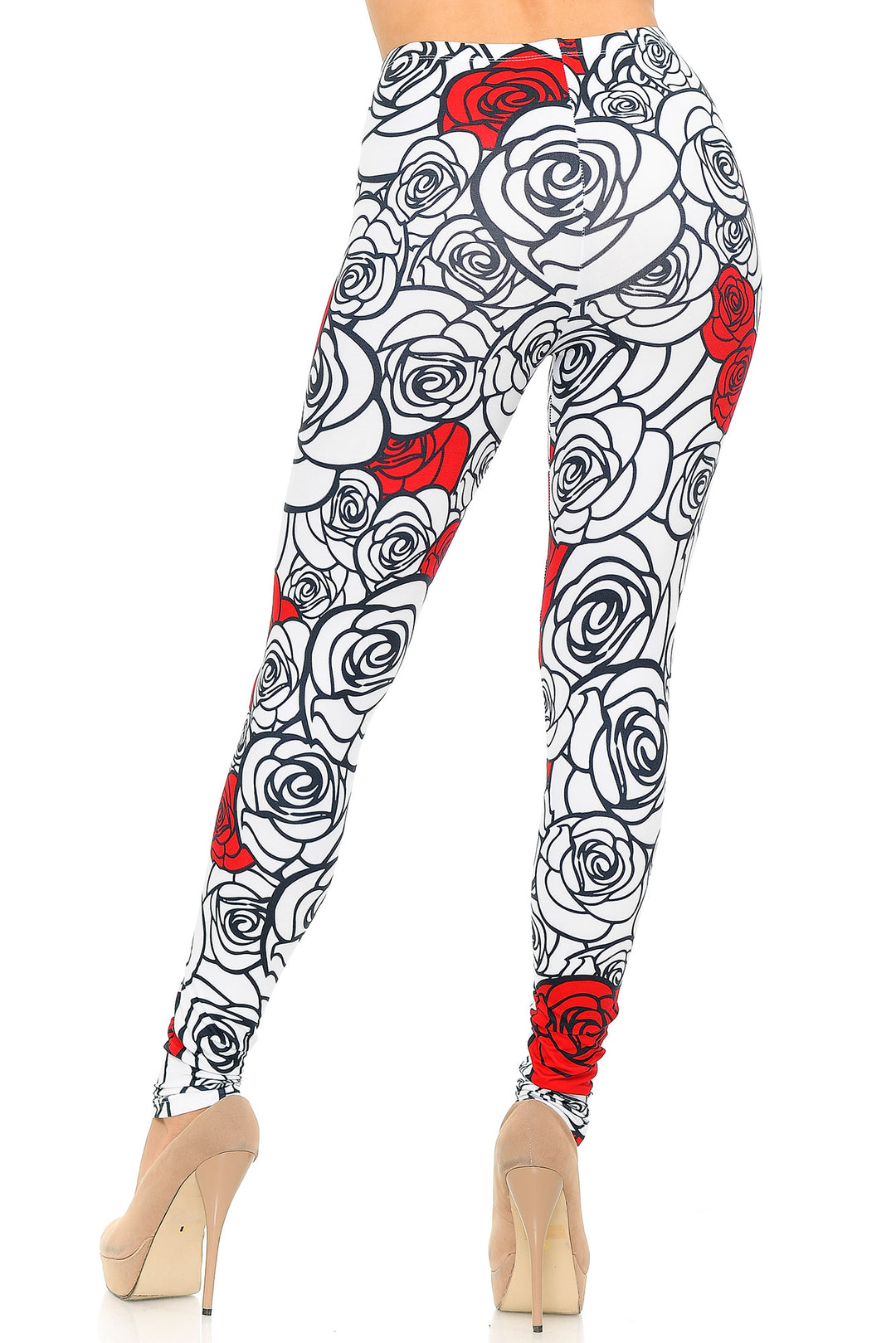 Creamy Soft Red Stencil Roses Leggings - USA Fashion