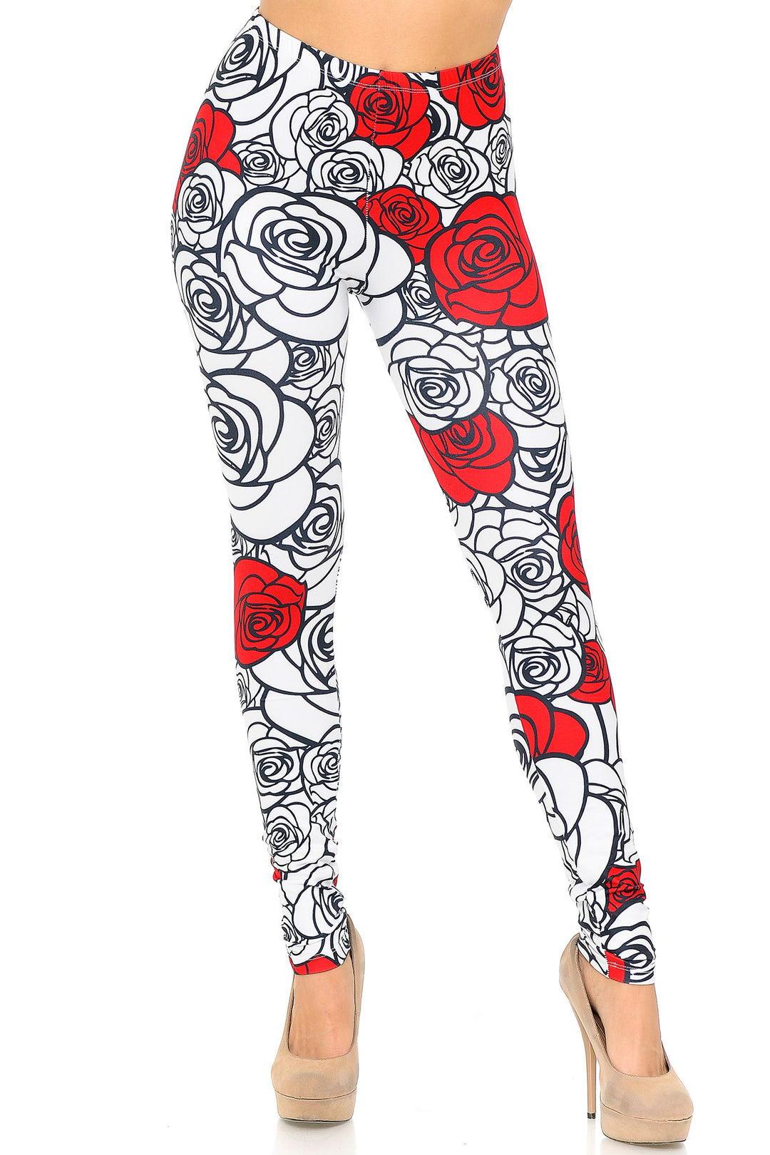 Creamy Soft Red Stencil Roses Leggings - USA Fashion
