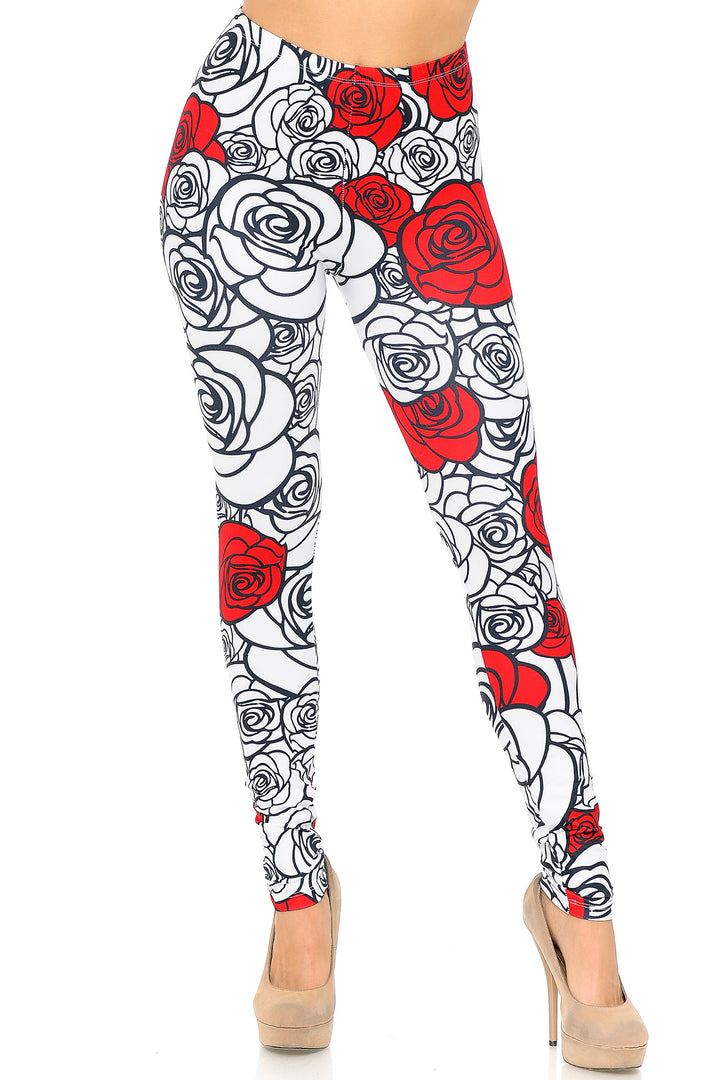 Creamy Soft Red Stencil Roses Leggings - USA Fashion