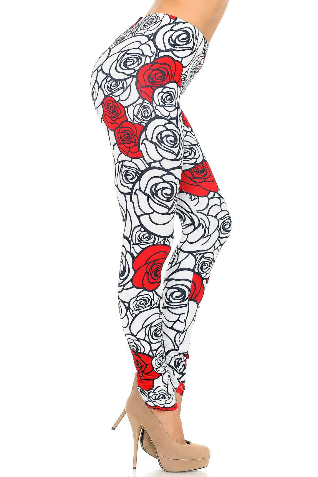 Creamy Soft Red Stencil Roses Leggings - USA Fashion