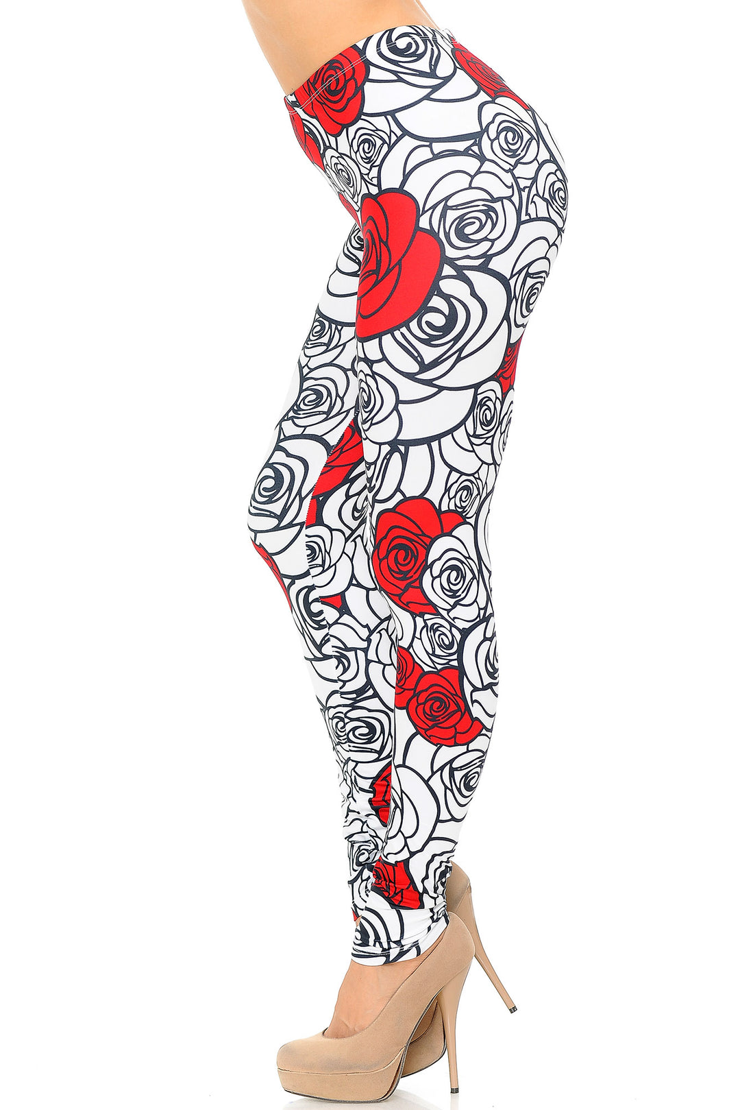 Creamy Soft Red Stencil Roses Leggings - USA Fashion