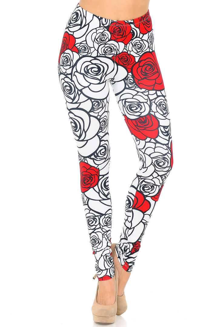 Creamy Soft Red Stencil Roses Leggings - USA Fashion