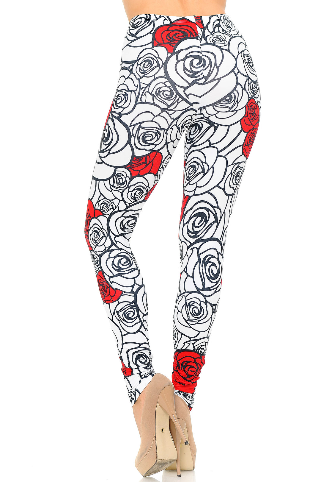 Creamy Soft Red Stencil Roses Leggings - USA Fashion