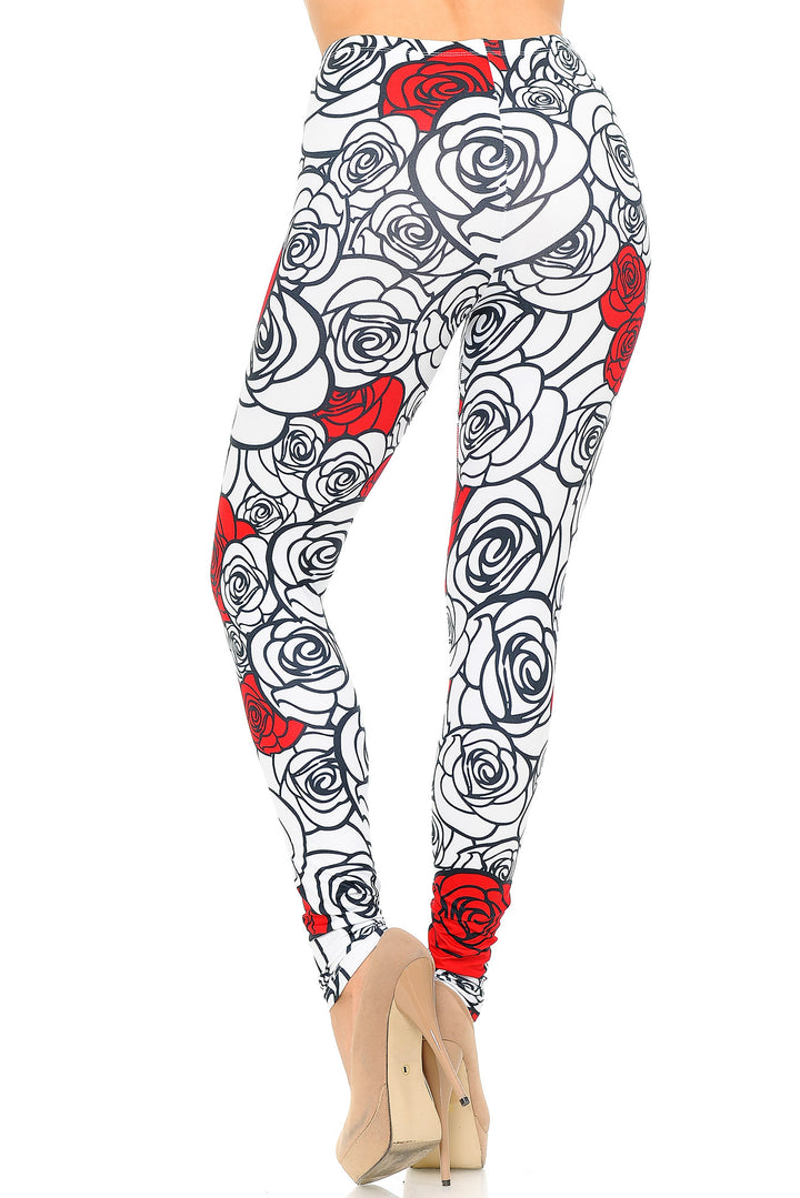 Creamy Soft Red Stencil Roses Leggings - USA Fashion