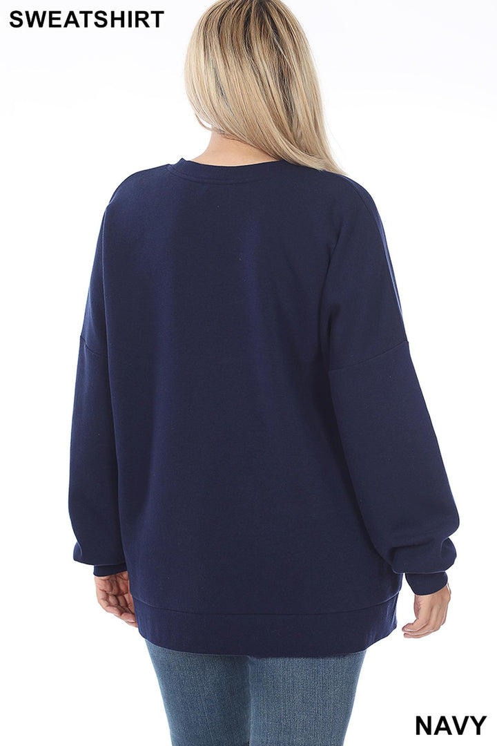 Crew Neck Hi-Low Pullover Loose Fit Sweatshirt with Side Pockets - Plus Size
