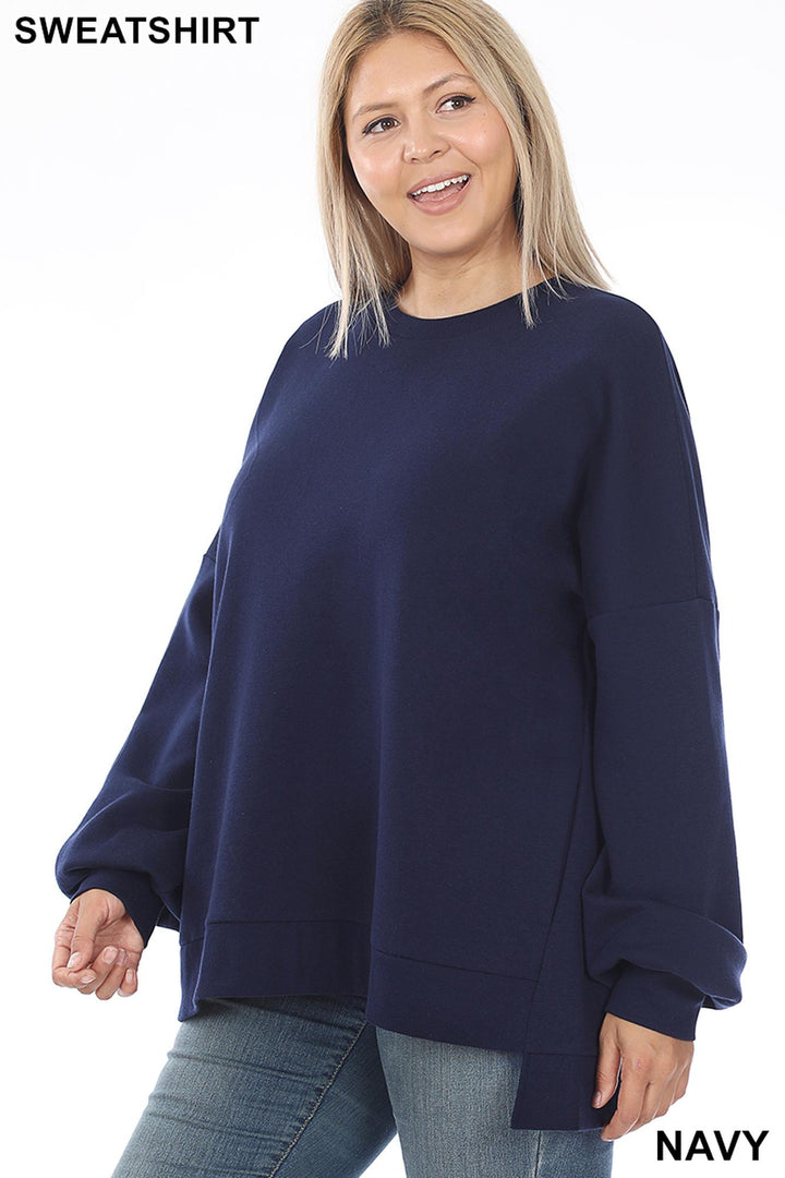 Crew Neck Hi-Low Pullover Loose Fit Sweatshirt with Side Pockets - Plus Size