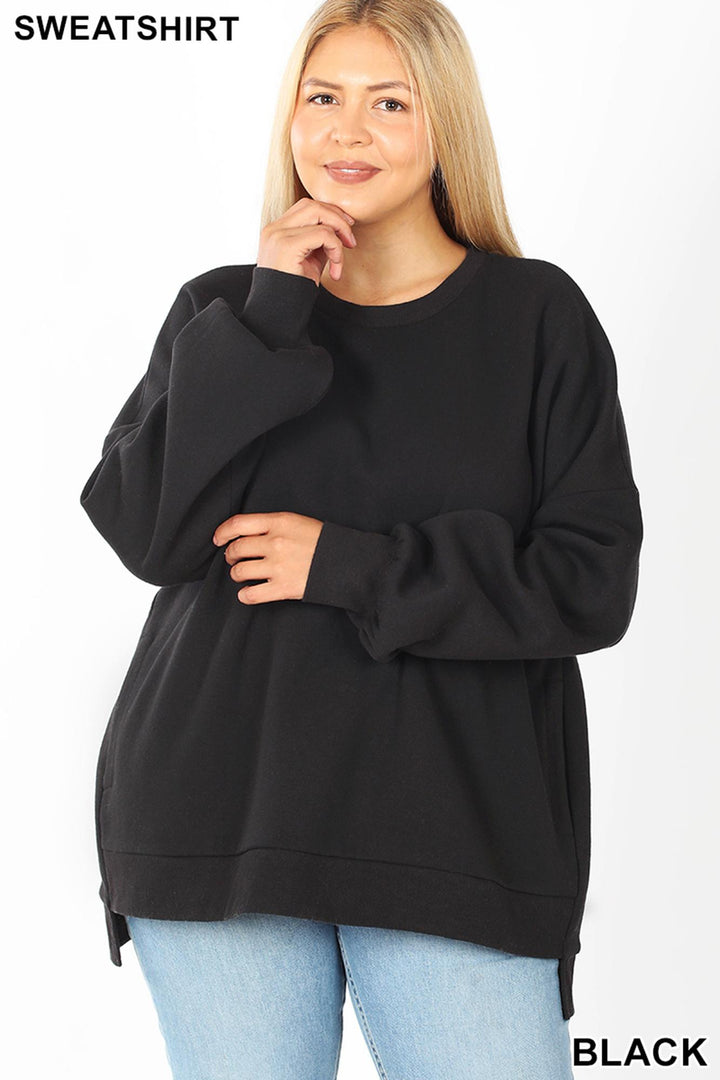 Crew Neck Hi-Low Pullover Loose Fit Sweatshirt with Side Pockets - Plus Size
