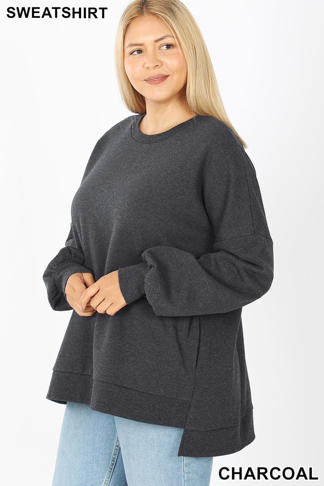 Crew Neck Hi-Low Pullover Loose Fit Sweatshirt with Side Pockets - Plus Size