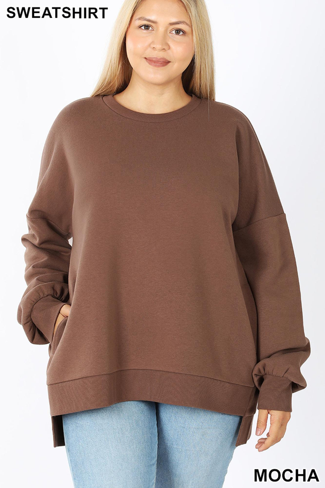 Crew Neck Hi-Low Pullover Loose Fit Sweatshirt with Side Pockets - Plus Size