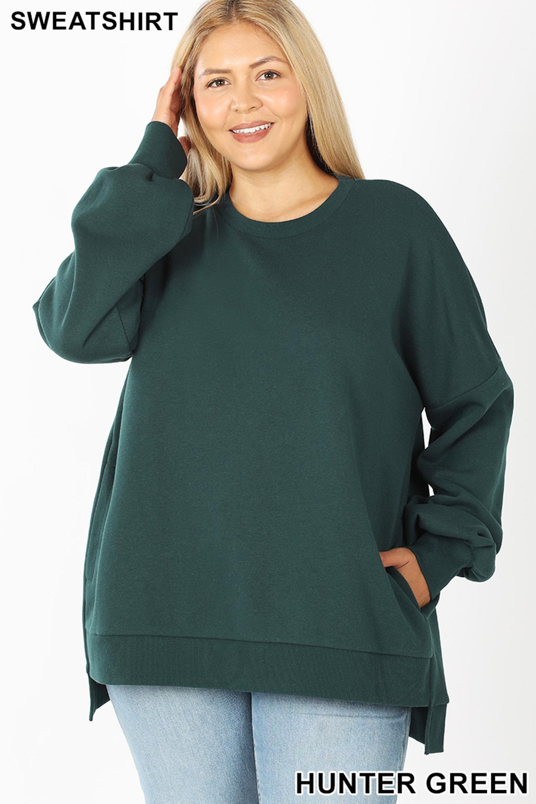 Crew Neck Hi-Low Pullover Loose Fit Sweatshirt with Side Pockets - Plus Size
