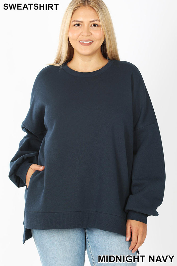 Crew Neck Hi-Low Pullover Loose Fit Sweatshirt with Side Pockets - Plus Size