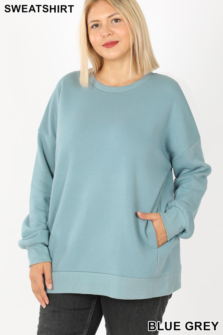 Round Crew Neck Plus Size Sweatshirt with Side Pockets
