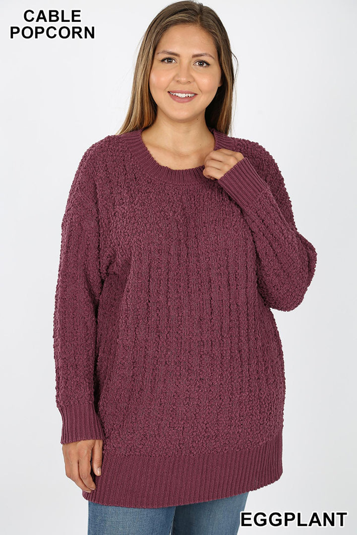 Cable Knit Popcorn Round Neck Hi-Low Plus Size Sweater