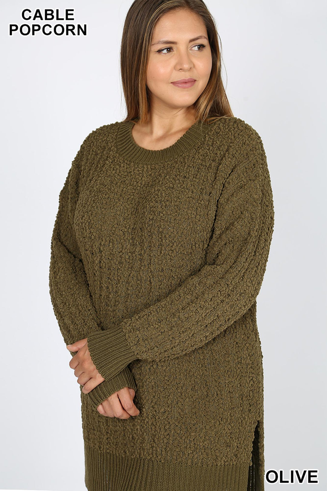 Cable Knit Popcorn Round Neck Hi-Low Plus Size Sweater