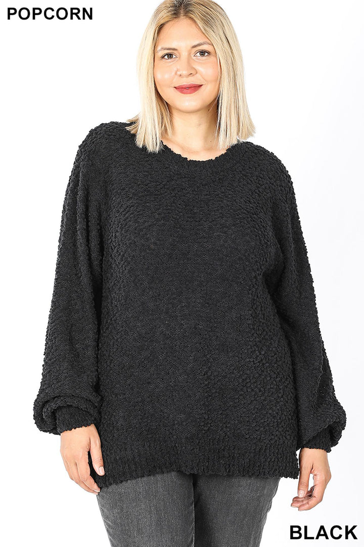 Popcorn Balloon Sleeve Round Neck Plus Size Pullover Sweater