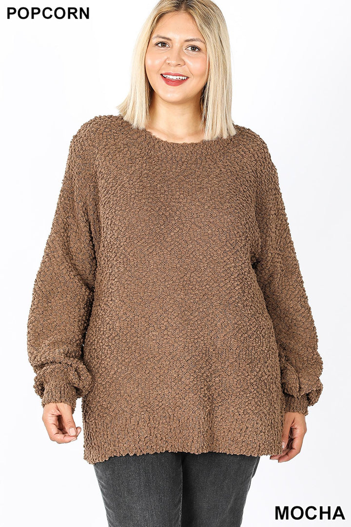 Popcorn Balloon Sleeve Round Neck Plus Size Pullover Sweater