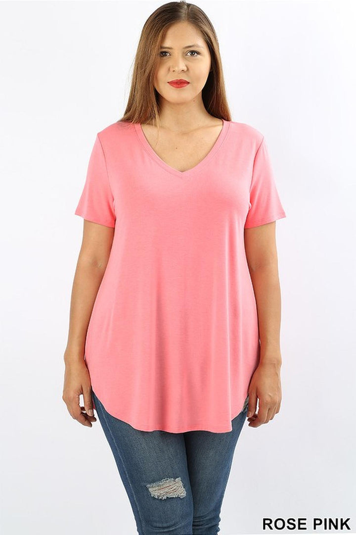 Premium Short Sleeve Relaxed Fit V-Neck Round Hem Top