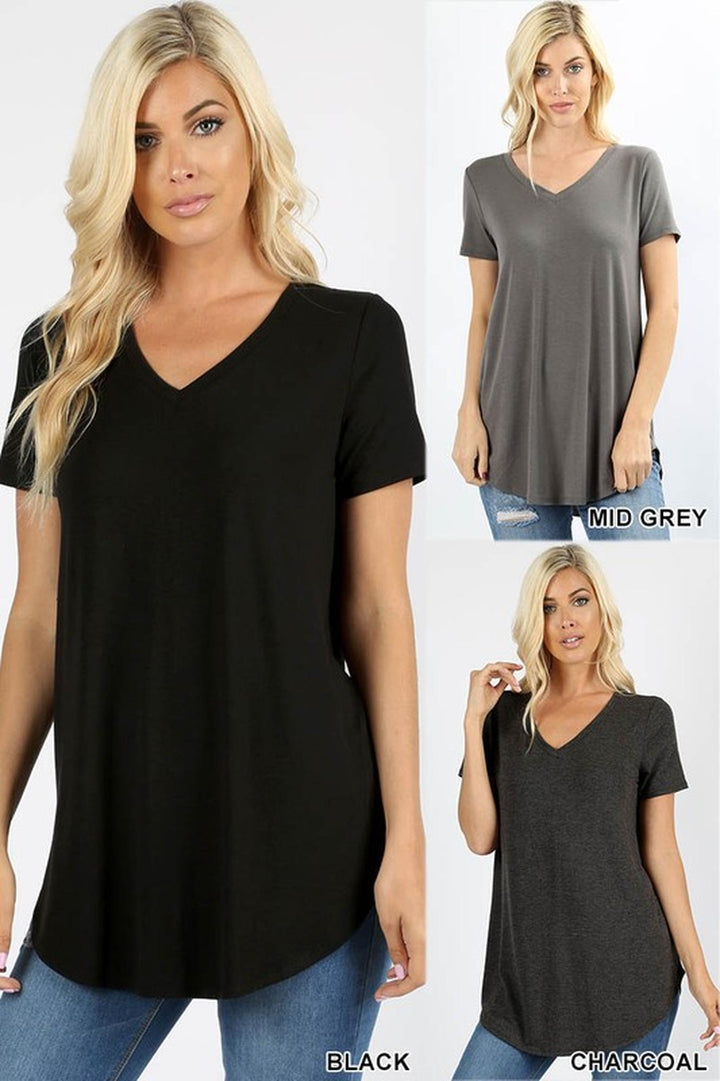 Premium Short Sleeve Relaxed Fit V-Neck Round Hem Top