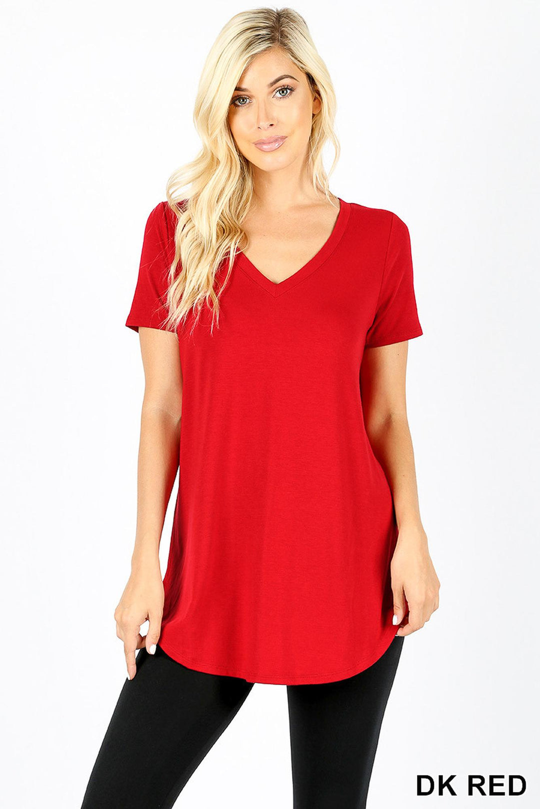Premium Short Sleeve Relaxed Fit V-Neck Round Hem Top