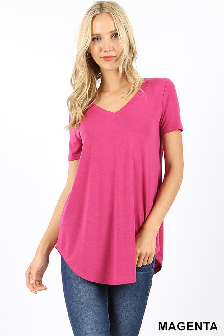 Premium Short Sleeve Relaxed Fit V-Neck Round Hem Top
