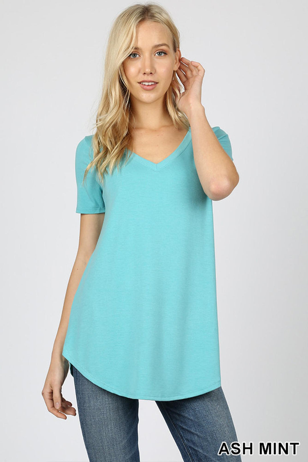 Premium Short Sleeve Relaxed Fit V-Neck Round Hem Top