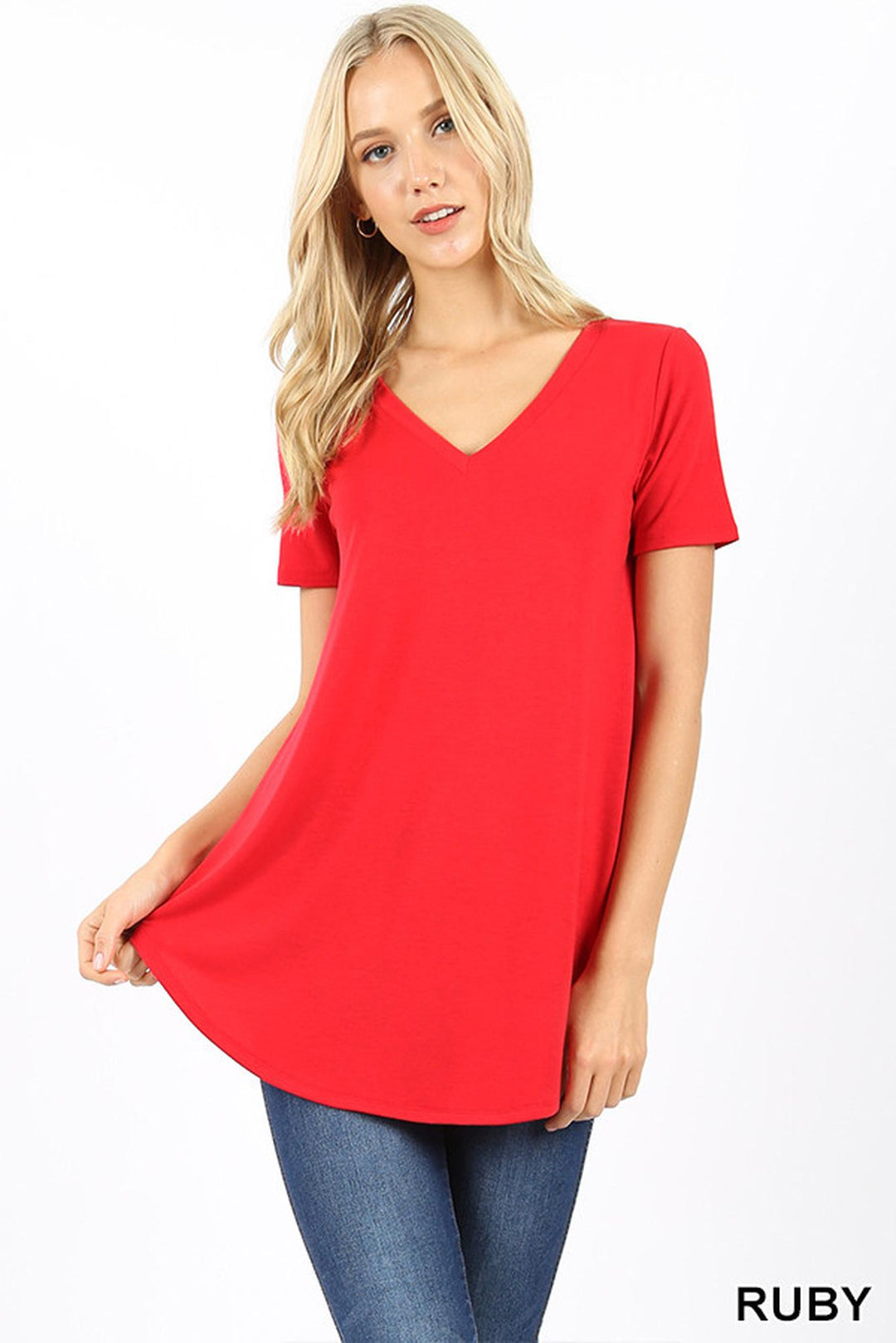 Premium Short Sleeve Relaxed Fit V-Neck Round Hem Top