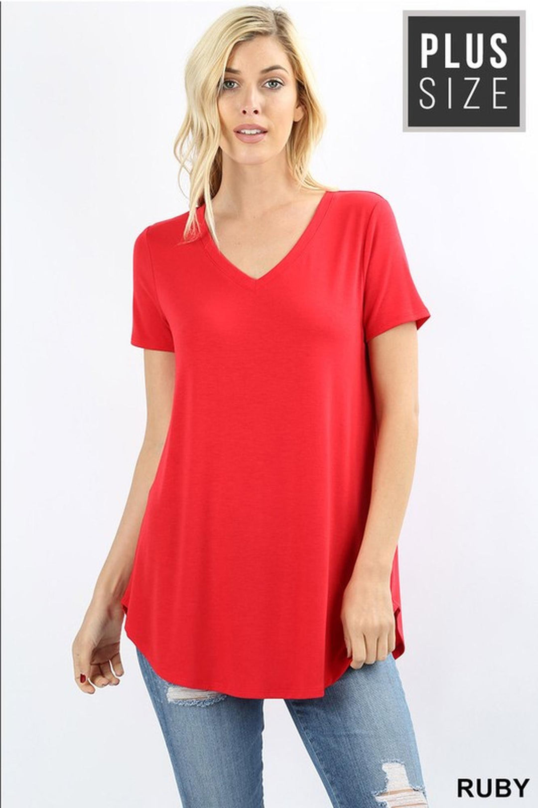 Premium Short Sleeve Relaxed Fit V-Neck Round Hem Top