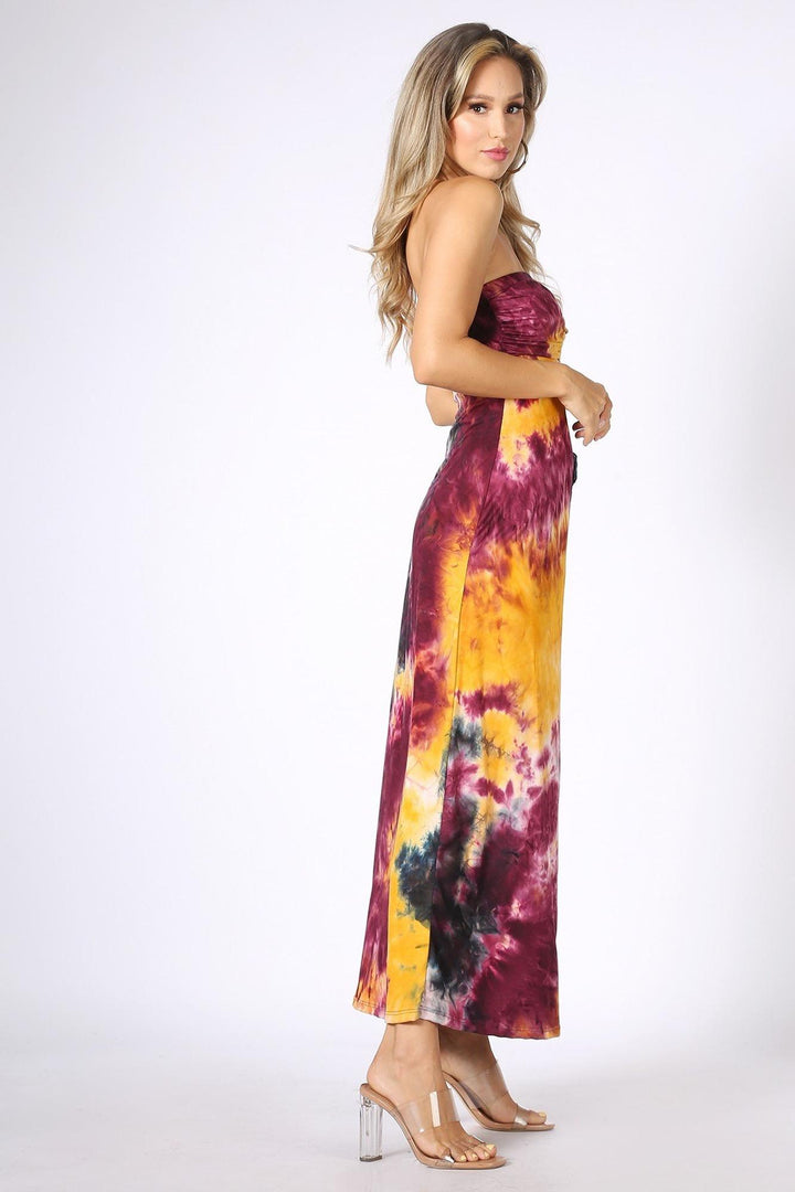 Tie Dye Ruched Split Front Maxi Duster Tube Top