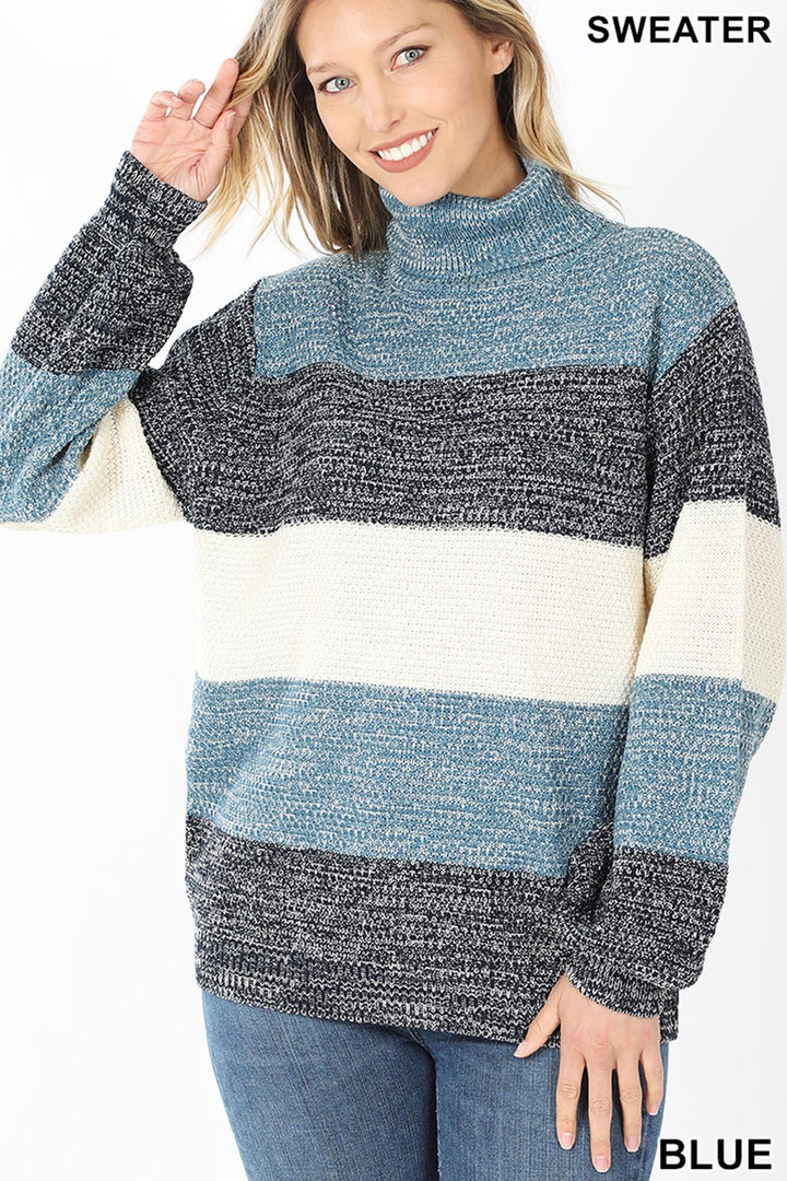 Color Block Striped Turtle Neck Balloon Sleeve Sweater