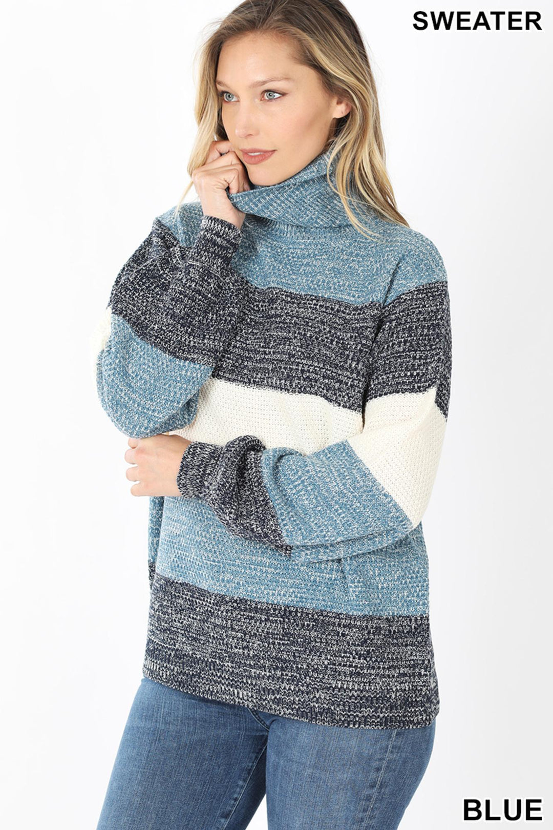 Color Block Striped Turtle Neck Balloon Sleeve Sweater