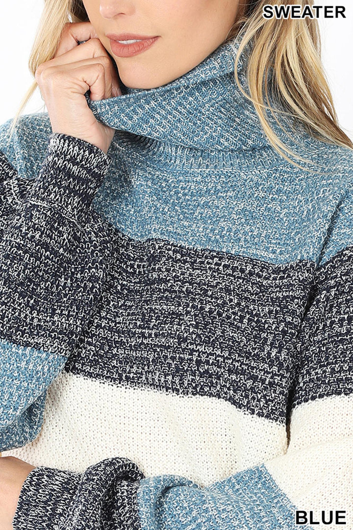 Color Block Striped Turtle Neck Balloon Sleeve Sweater