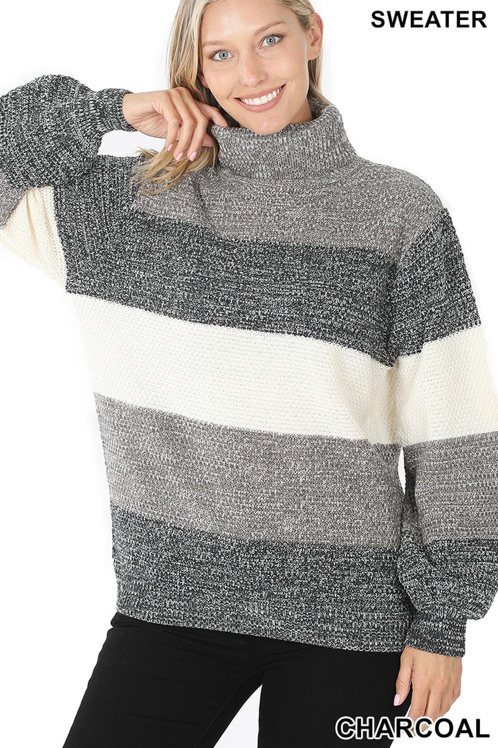 Color Block Striped Turtle Neck Balloon Sleeve Sweater