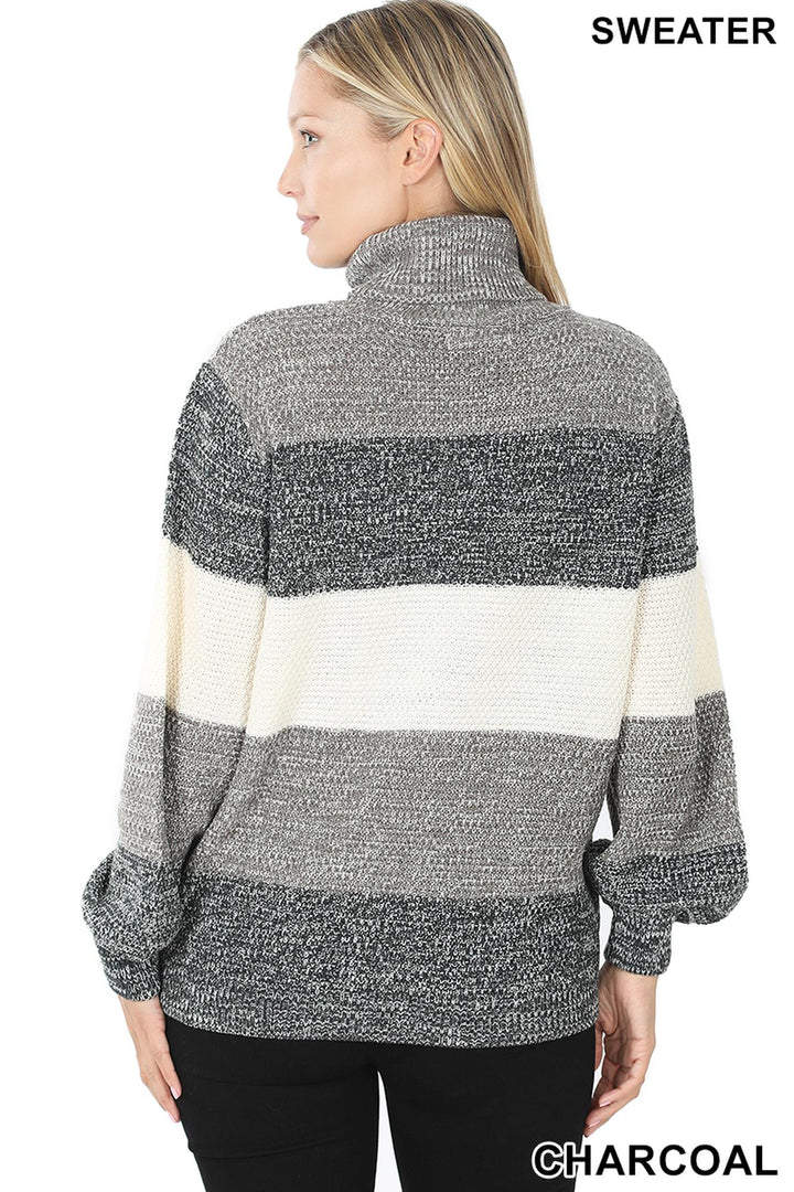 Color Block Striped Turtle Neck Balloon Sleeve Sweater