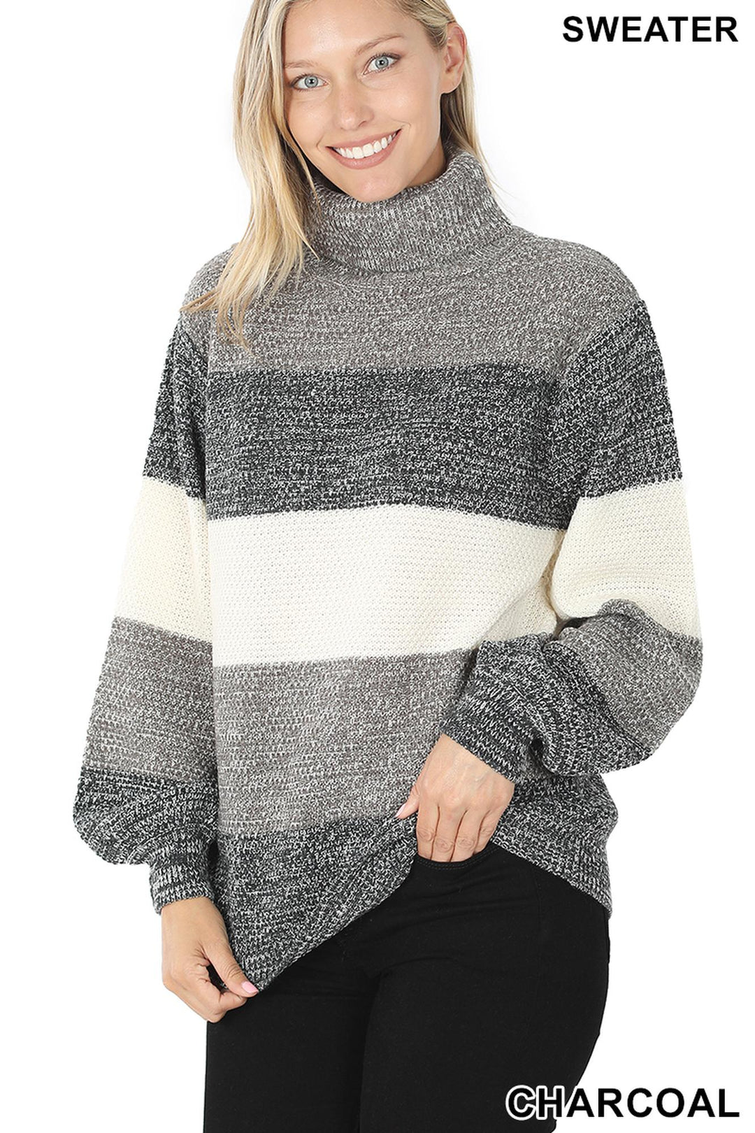 Color Block Striped Turtle Neck Balloon Sleeve Sweater