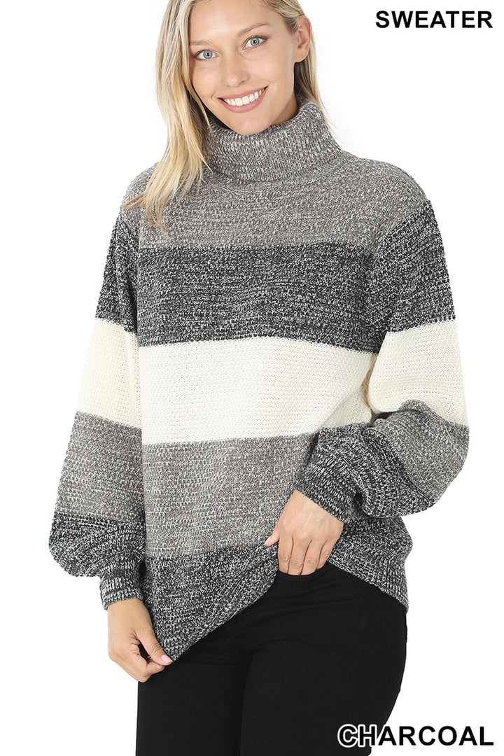 Color Block Striped Turtle Neck Balloon Sleeve Sweater