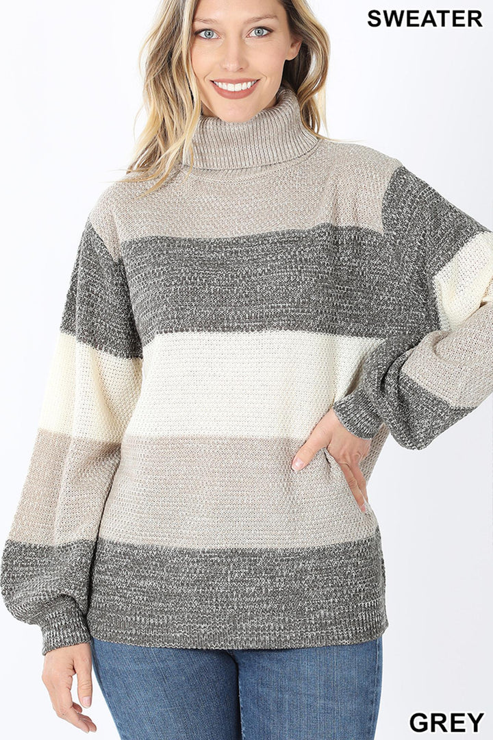 Color Block Striped Turtle Neck Balloon Sleeve Sweater